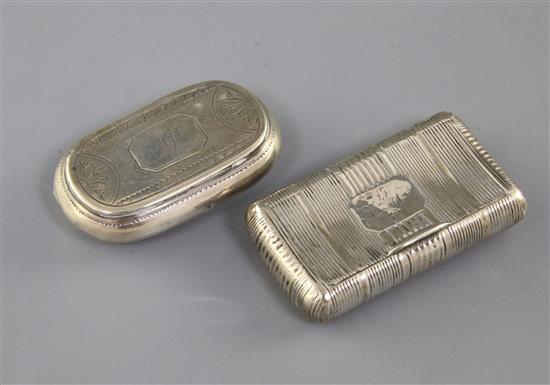 Two George III silver snuff boxes, Birmingham, 1812 and Samuel Pemberton, Birmingham, 1798, largest 62mm.